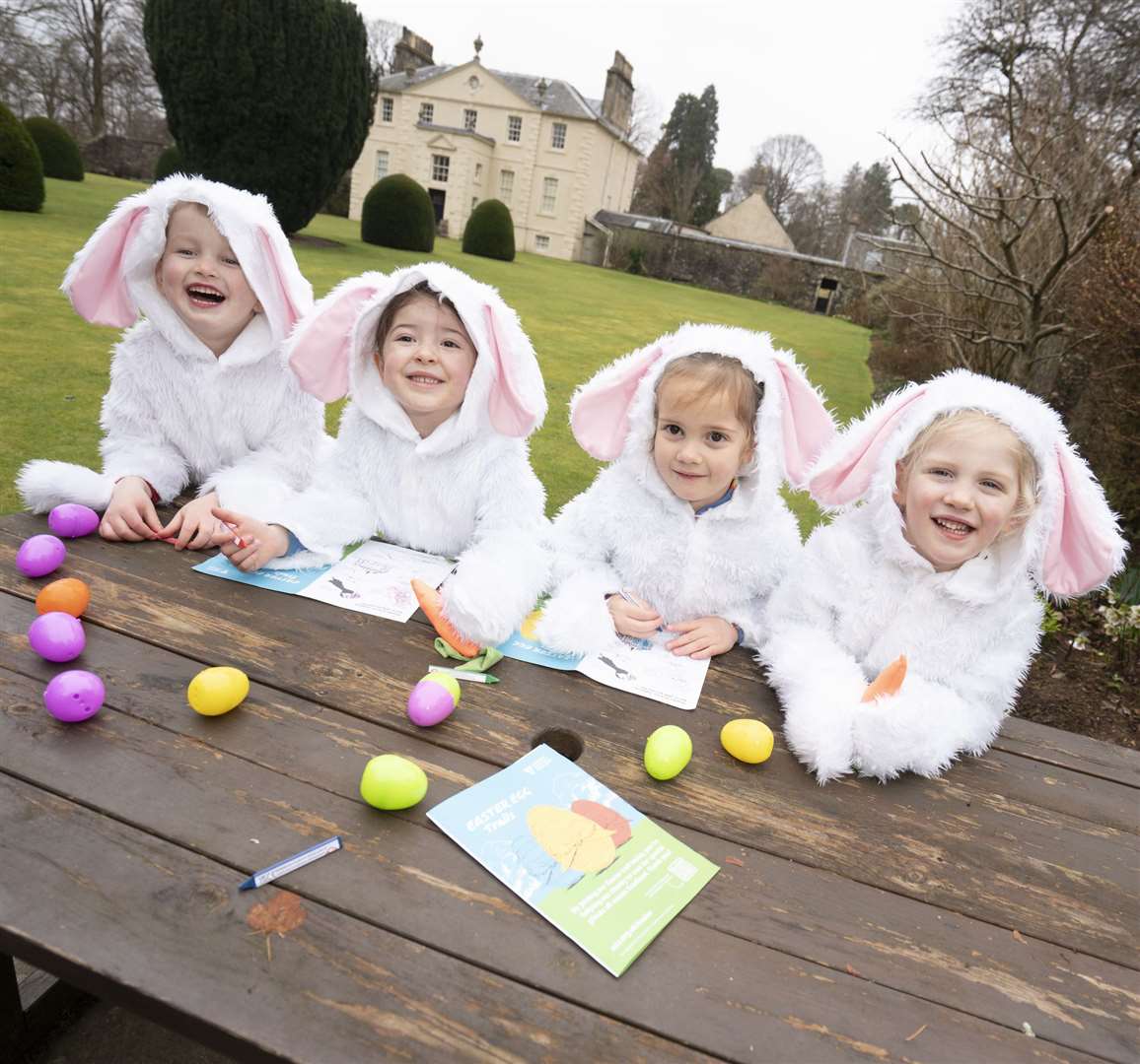 The National Trust for Scotland is hosting 35 Easter egg trails at its propeties across the country from 29 March to 1 April, with lots of family fun and choclatey prizes to be won - left to right, Jonathan Zaltane, Orlaith O’Donnell, Penny Mahindry, Eden McAllister. Picture: NTScotland