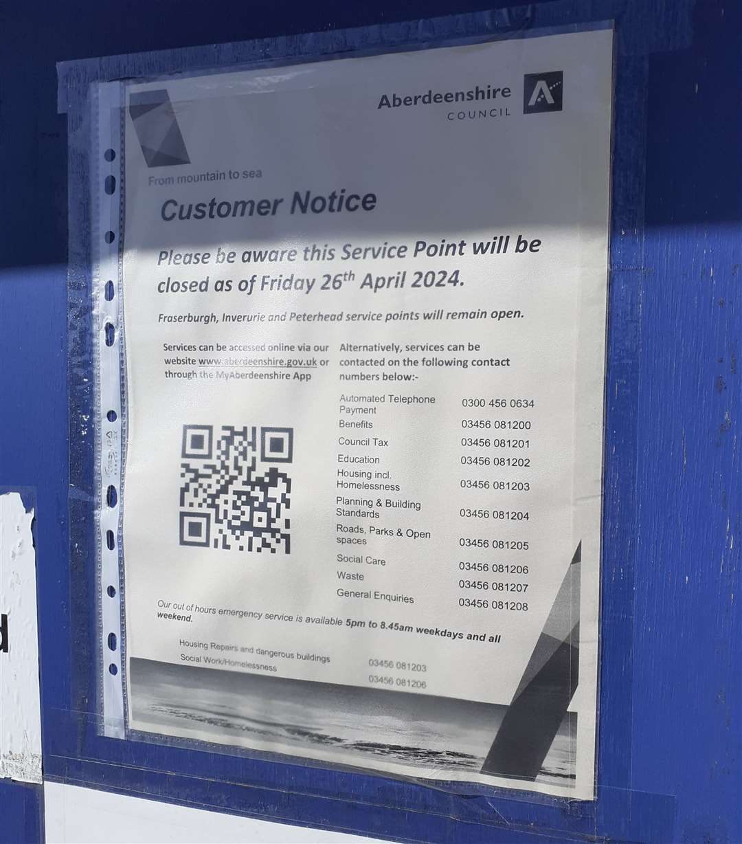 A notice of the closure was posted on the door of the service point in Turriff