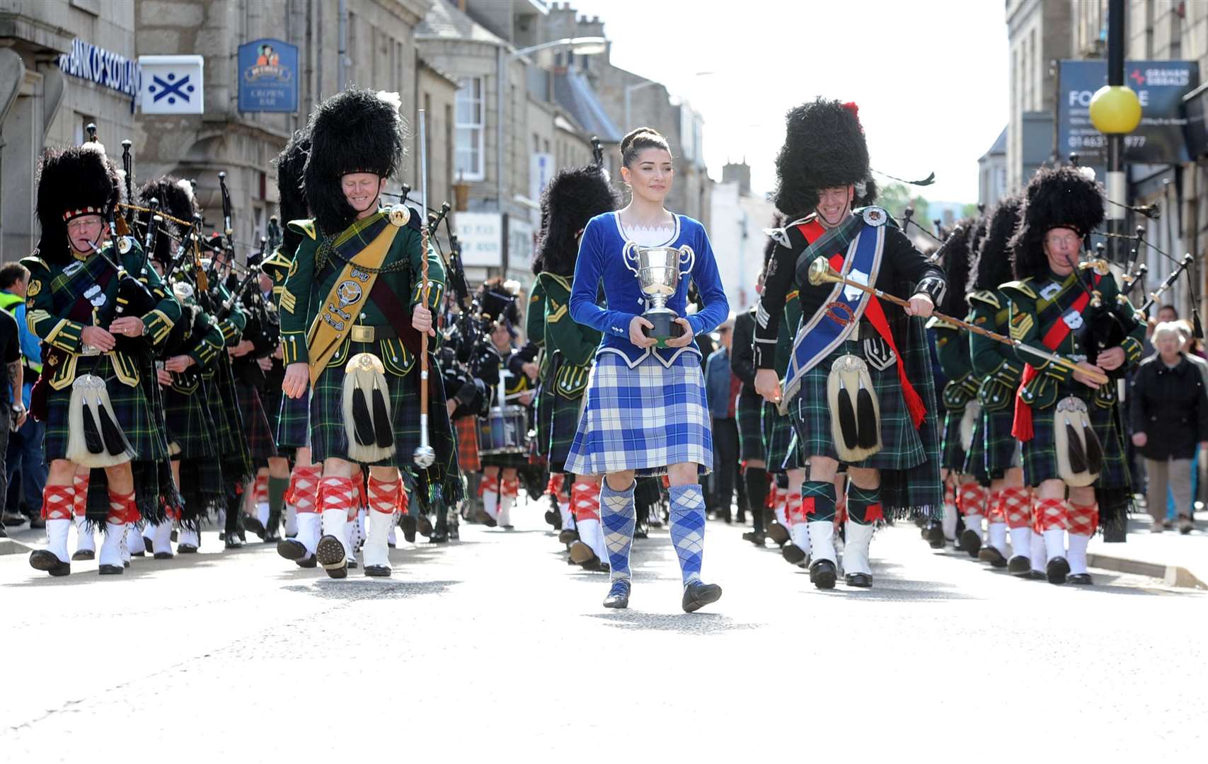 Recently crowned as world champion in 2018, Michelle Gordon led the parade by Huntly Pipe Band to mark their 70th anniversary.