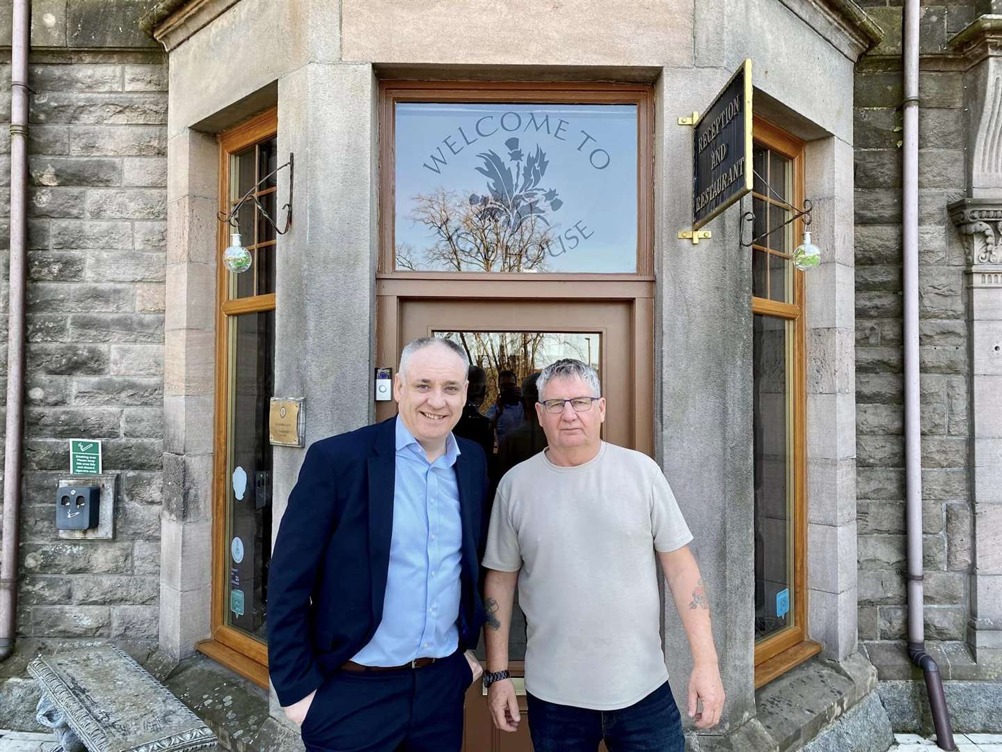 Moray's MSP Richard Lochhead with Robbie Martin outside Keith's Ugie House Hotel.