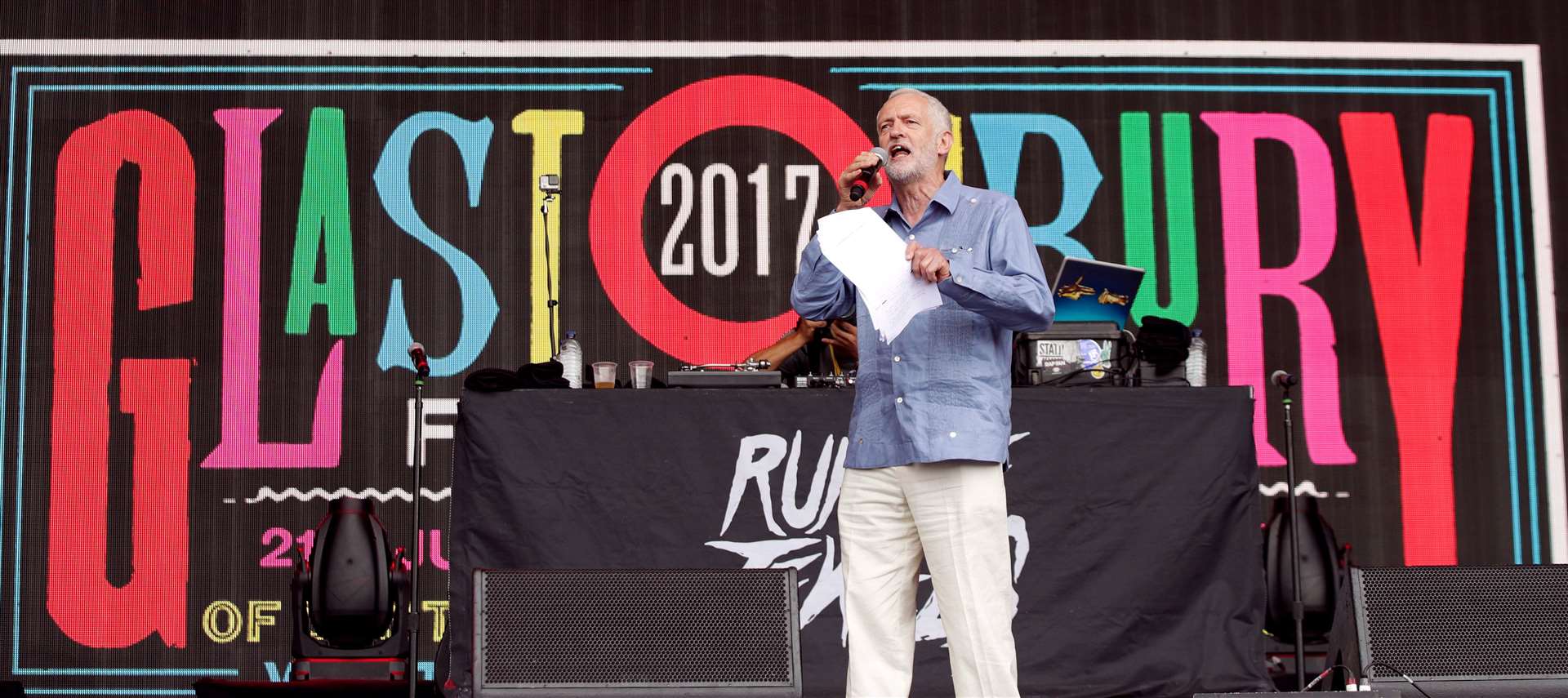 Labour leader Jeremy Corbyn speaks to the crowd from the Pyramid stage at Glastonbury in 2017 (Yui Mok/PA)