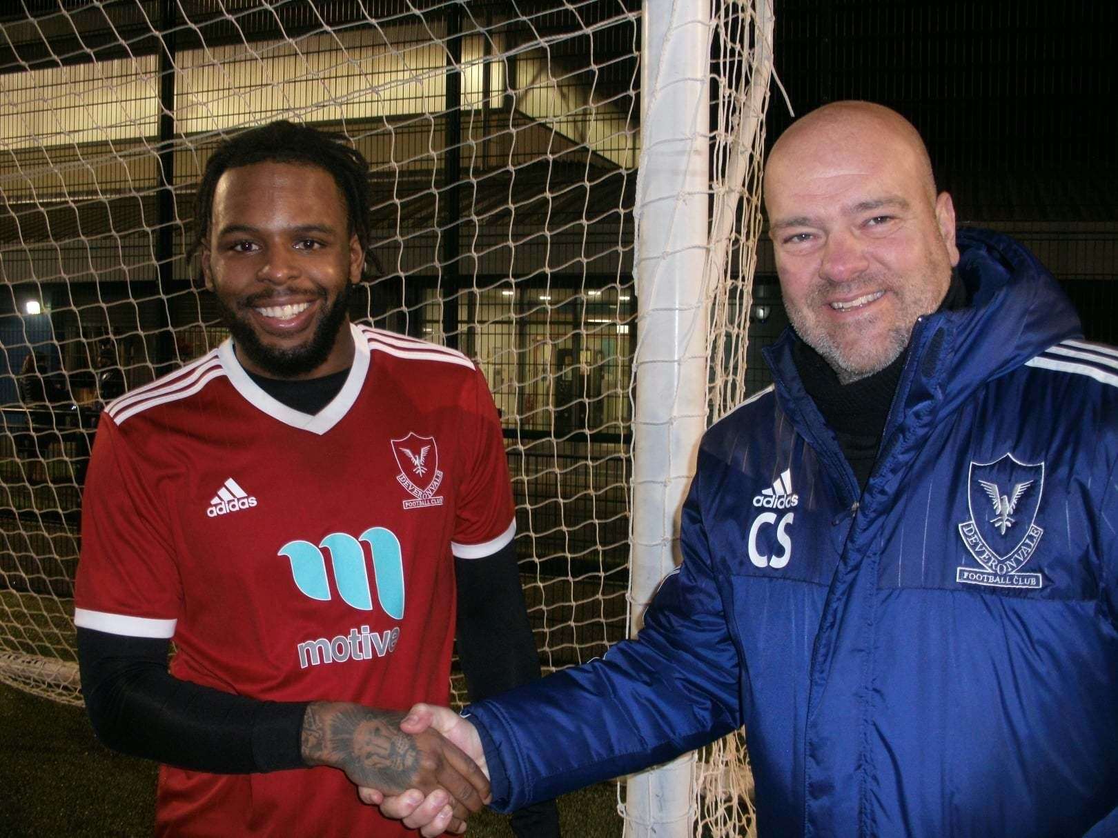 Vale's new signing Caiden Imbert-Thomas with manager Craig Stewart. Photo: Deveronvale Facebook.