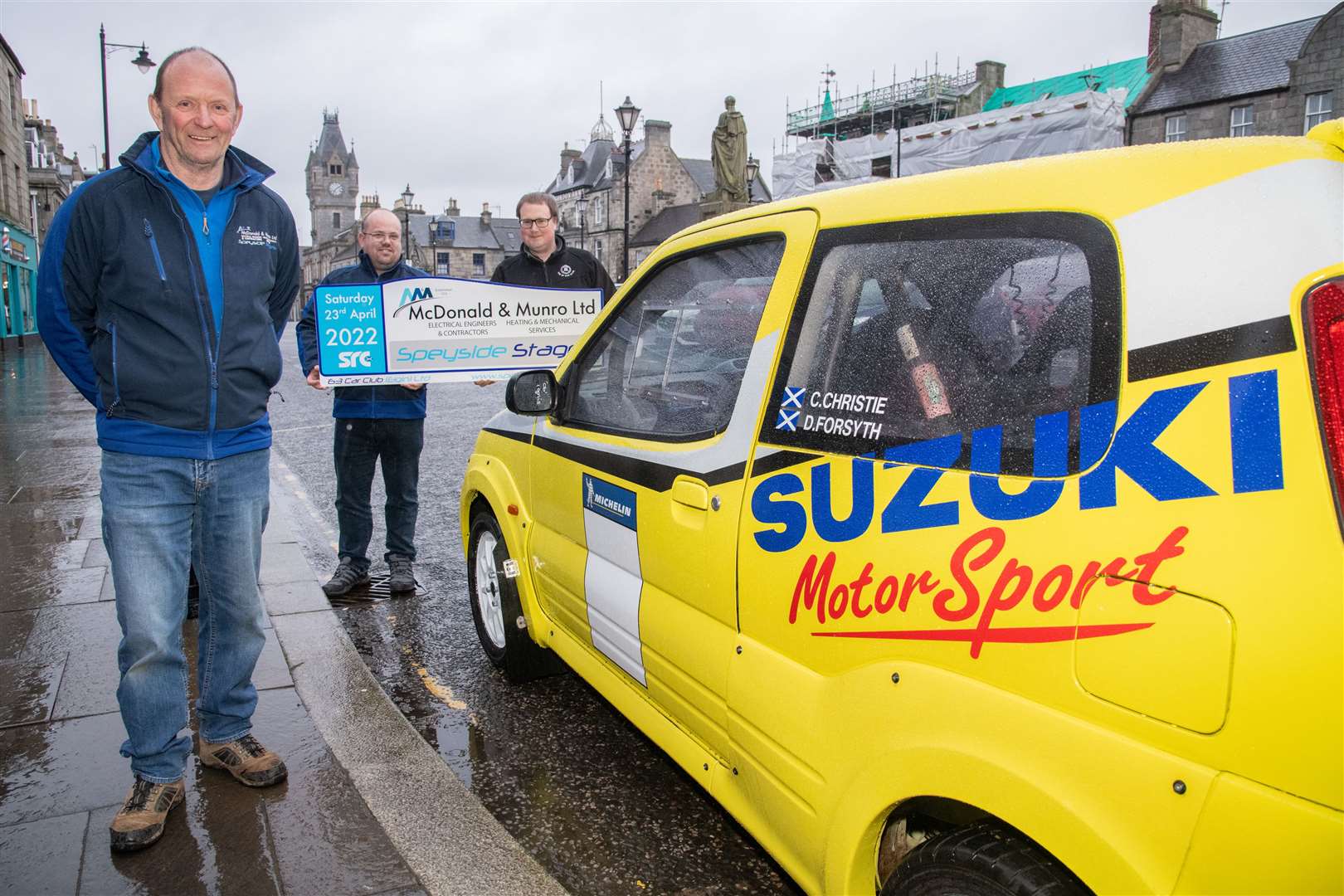Colin Christie, Andrew Little and David Law who have made the plans for Speyside Rally cars to gather in Huntly Square during the day of the McDonald & Munro Speyside Stages Rally for a re-group between stages next Saturday. Picture: Daniel Forsyth.