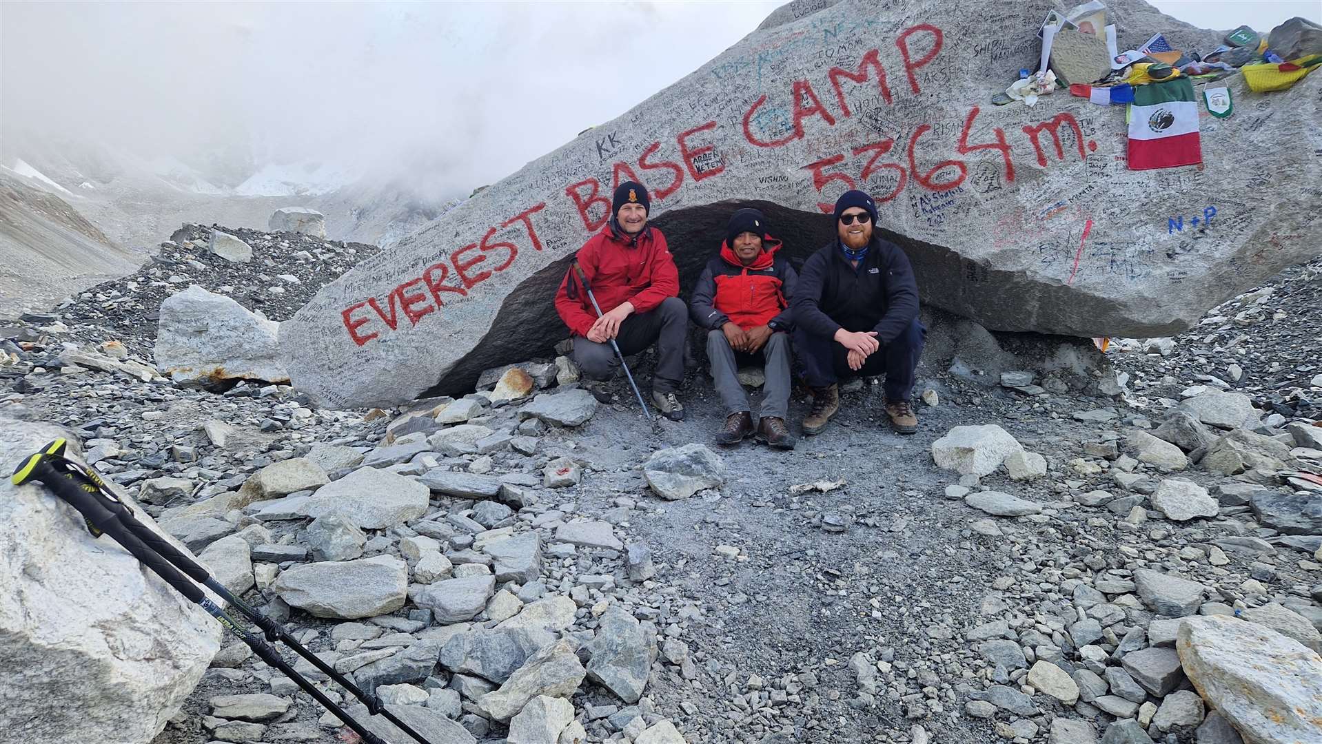 Stephen Wiltshire, Chandra Tamang Sherpa and Keith Wiltshire at Everest Base Camp.