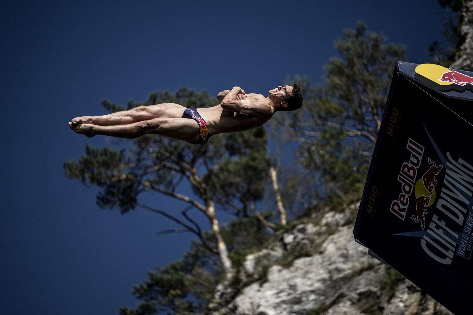 Aidan Heslop dives from the 27-metre platform during the Red Bull Cliff Diving World Series in Switzerland (Romina Amato/Red Bull/PA)