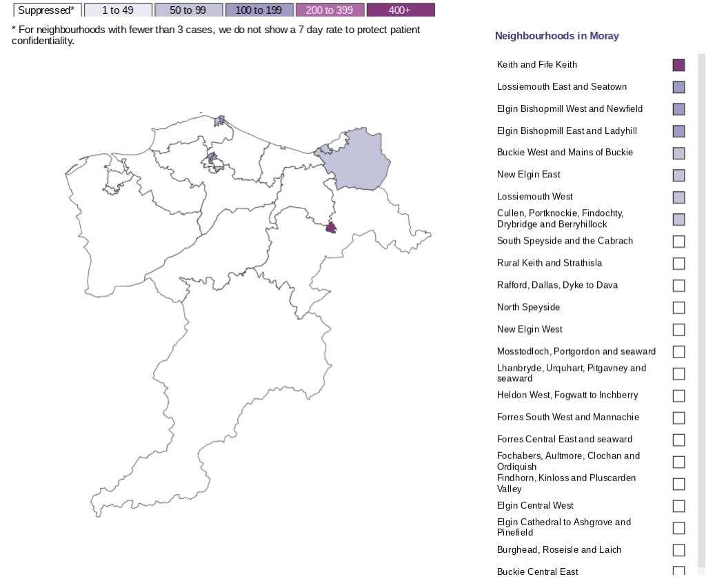 This map highlights the spread of Covid-19 throughout Moray. Keith and Fife Keith has 26 cases, while the rest of Moray's areas have far fewer.