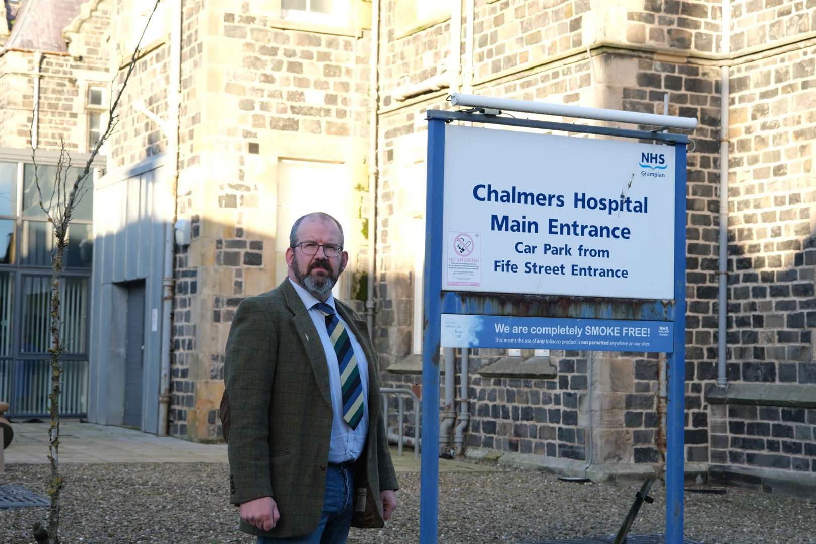 Banffshire and Buchan Coast Conservative candidate Mark Findlater at Chalmers Hospital in Banff.
