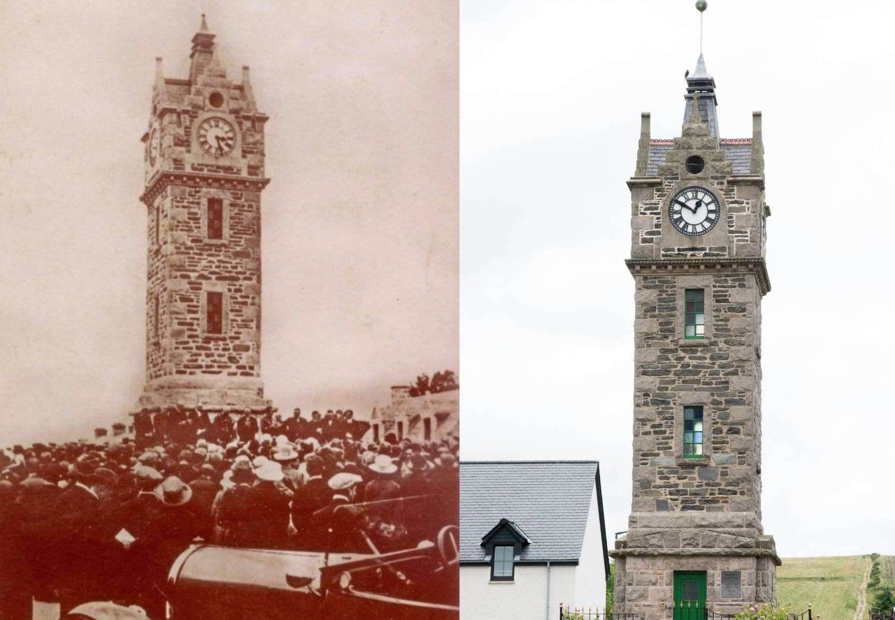Newmill War Memorial on the day of its unveiling, in 1923, and in 2023 (right).