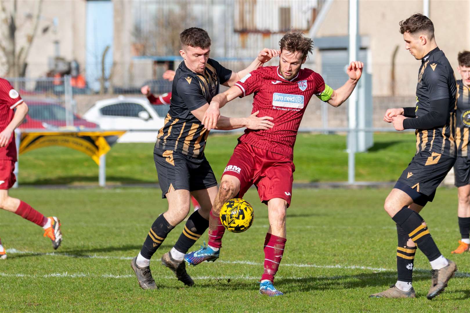 Keith's James Brownie and Huntly's Callum Murray tussle for the ball.Keith F.C (1) v Huntly F.C (0) at Kynoch Park, Keith. Highland Football League.Picture: Beth Taylor
