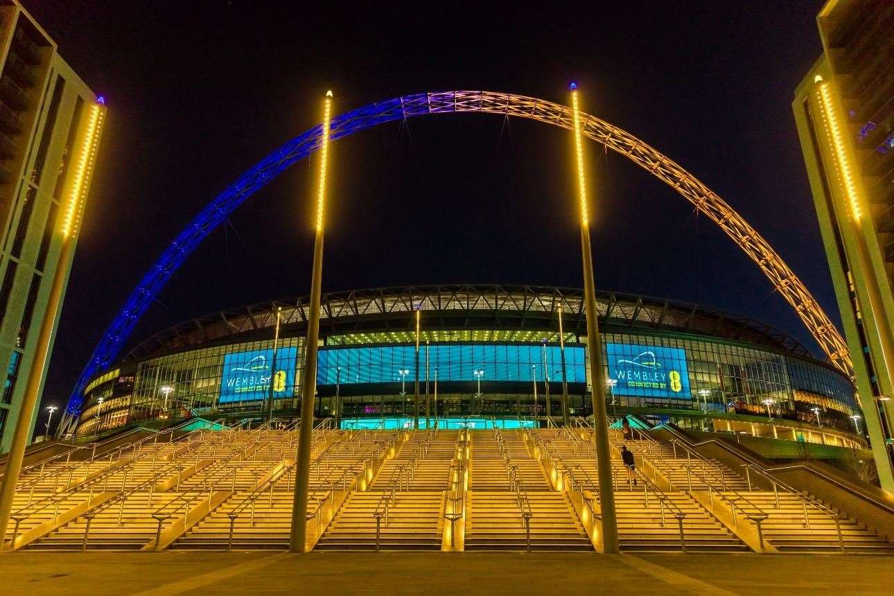 The Wembley arch lit up in the colours of Ukraine’s flag (Amanda Rose/Wembley Park/PA)