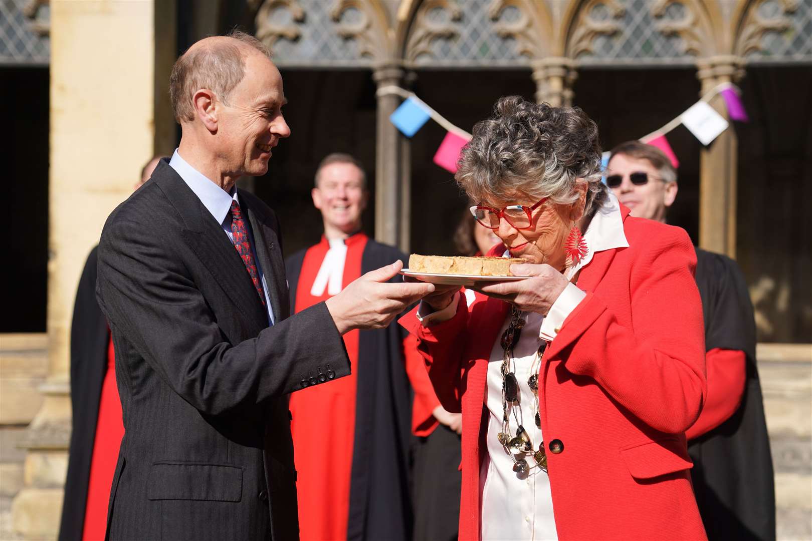 The Duke of Edinburgh and Dame Prue Leith test the new quiche recipe (James Manning/PA)