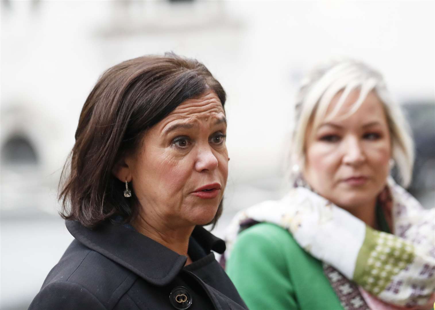 Sinn Fein Party leader Mary Lou McDonald, left, with Sinn Fein vice president Michelle O’Neill in Belfast after she said she was excluded from political talks (Peter Morrison/PA)