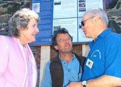 Claire Russell, Lord Lieutenant of Banffshire, chats to festival harbourmaster James Crombie (centre) and Pete Danks, PORT co-ordinator.