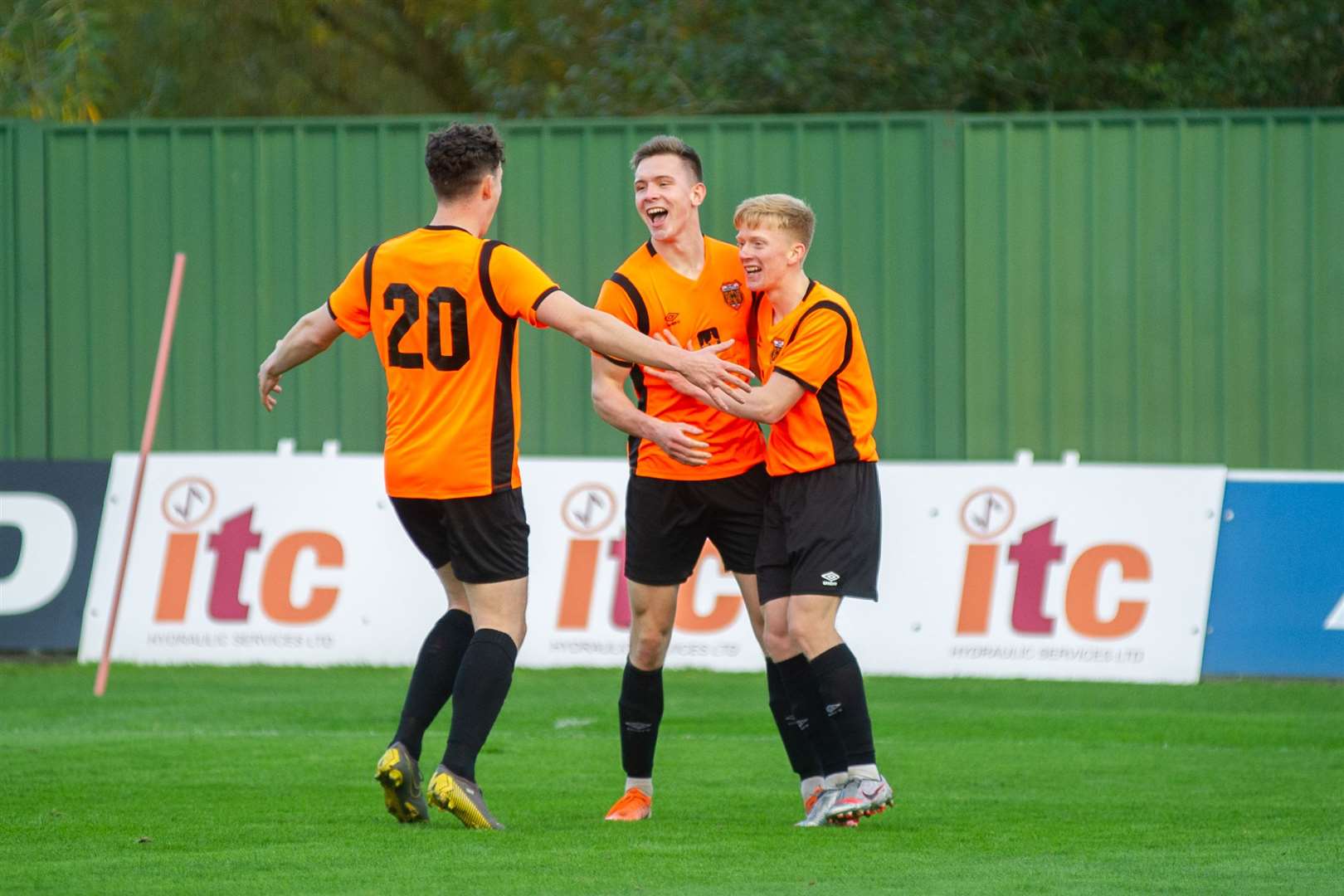 Craig Cormack celebrates scoring the winner with substitutes Jack Maley and Ross Gunn. Picture: Daniel Forsyth