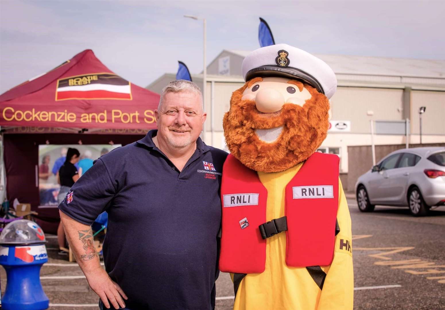 Buckie lifeboat coxswain Davie Grant mascot Stormy Stan are looking forward to welcoming visitors to Buckie Lifeboat Open Day. Picture: RNLI Buckie