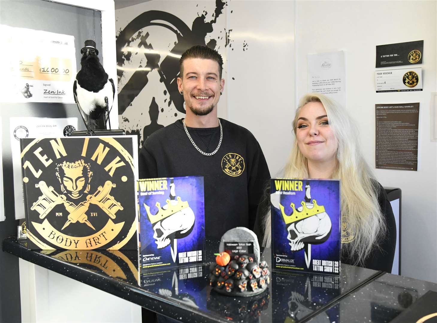 Zen Ink owner Shaun Doherty and colleague Shannon Chalmers with their awards. Picture: Beth Taylor