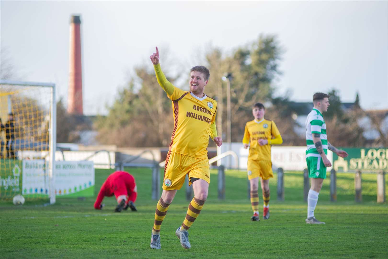 Forres Mechanics' Robert Duncanson wheels away to celebrate opening the scoring for the homeside...Forres Mechanics FC (2) vs Buckie Thistle FC (2) - Highland Football League - Mosset Park, Forres 08/02/2020...Picture: Daniel Forsyth..
