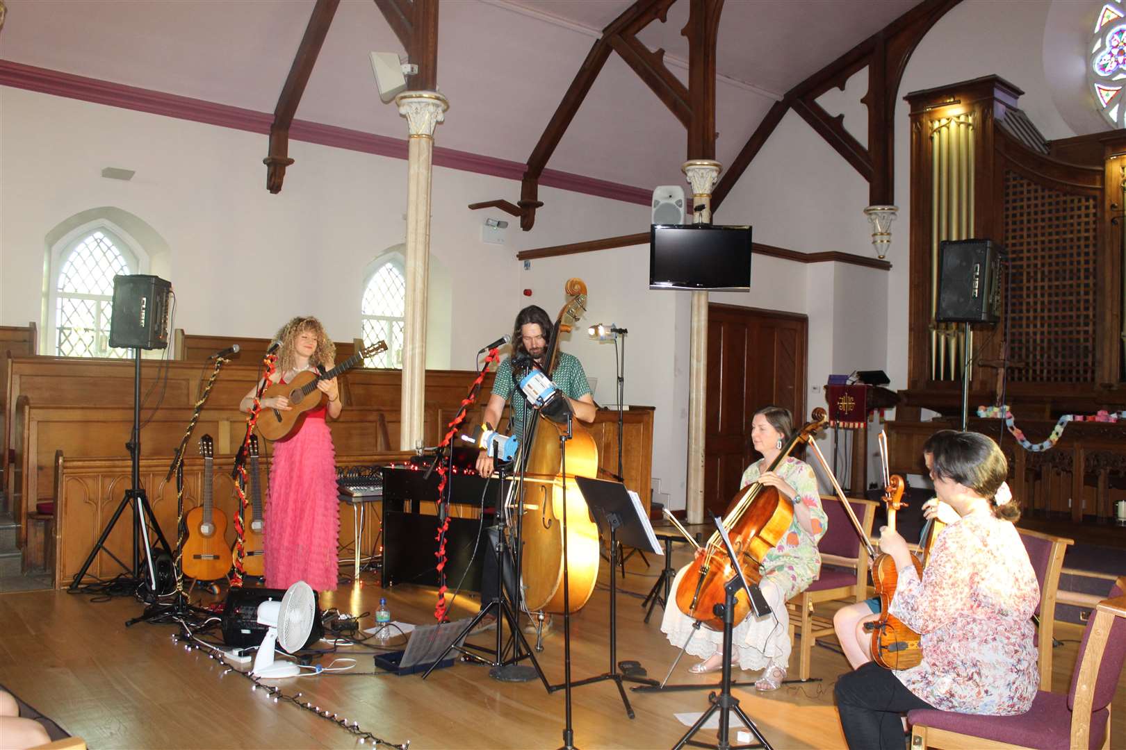 Acoustic performers, Fiona Bevan, Adam Beattie. Emily De Simone, Sarah Beattie and Coralie Usmani take the stage at Inverurie's Acorn centre