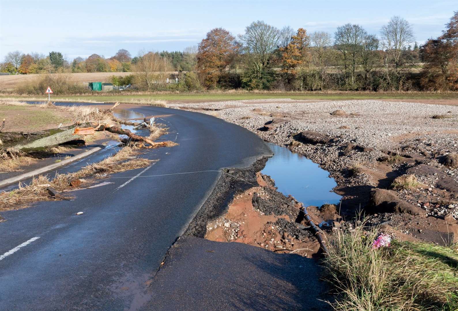 The A937 road at Marykirk was destroyed during Storm Babet.