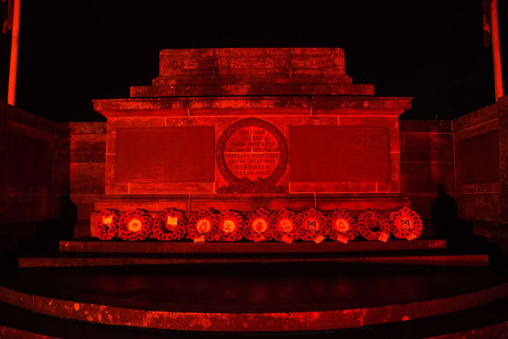 Keith's war memorial lit up red for Remembrance Sunday 2020. Picture: Becky Saunderson.