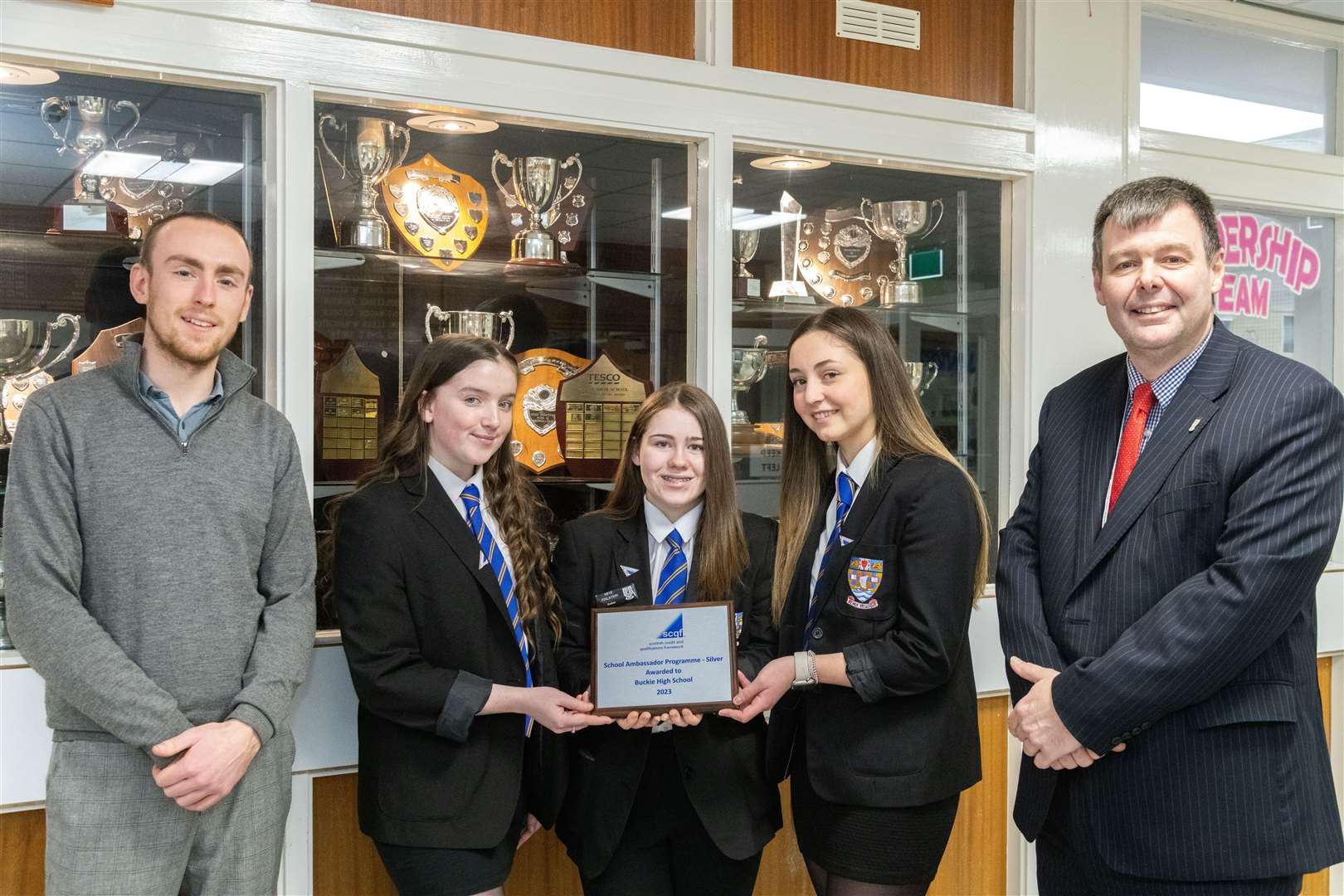 Celebrating gaining an SCQF silver award are (from left) PT Enhanced Curriculum Kerr Taylor, Elle McLaren, Neve Findlayson, Leonie Robertson and BCHS Rector Neil Johnson. Picture: Beth Taylor