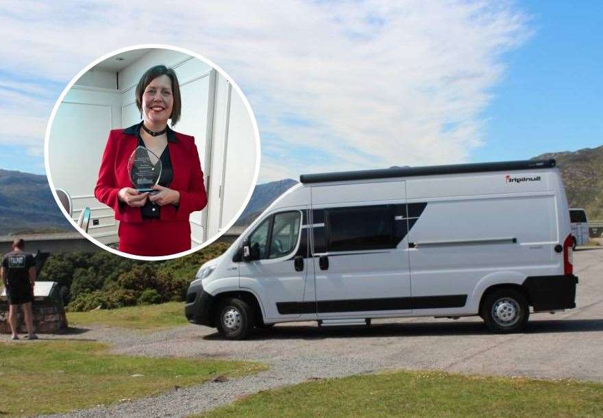 Meikie Guijt (inset) celebrates her award win, with her companies' Sunlight 601 campervan, named the Glencoe, one of nine the firm operates.