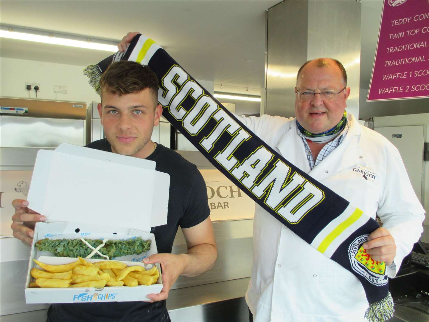 Garioch Fish Bar's Murray and Glen Morrison are supporting Scotland with their blue and white fish suppers.