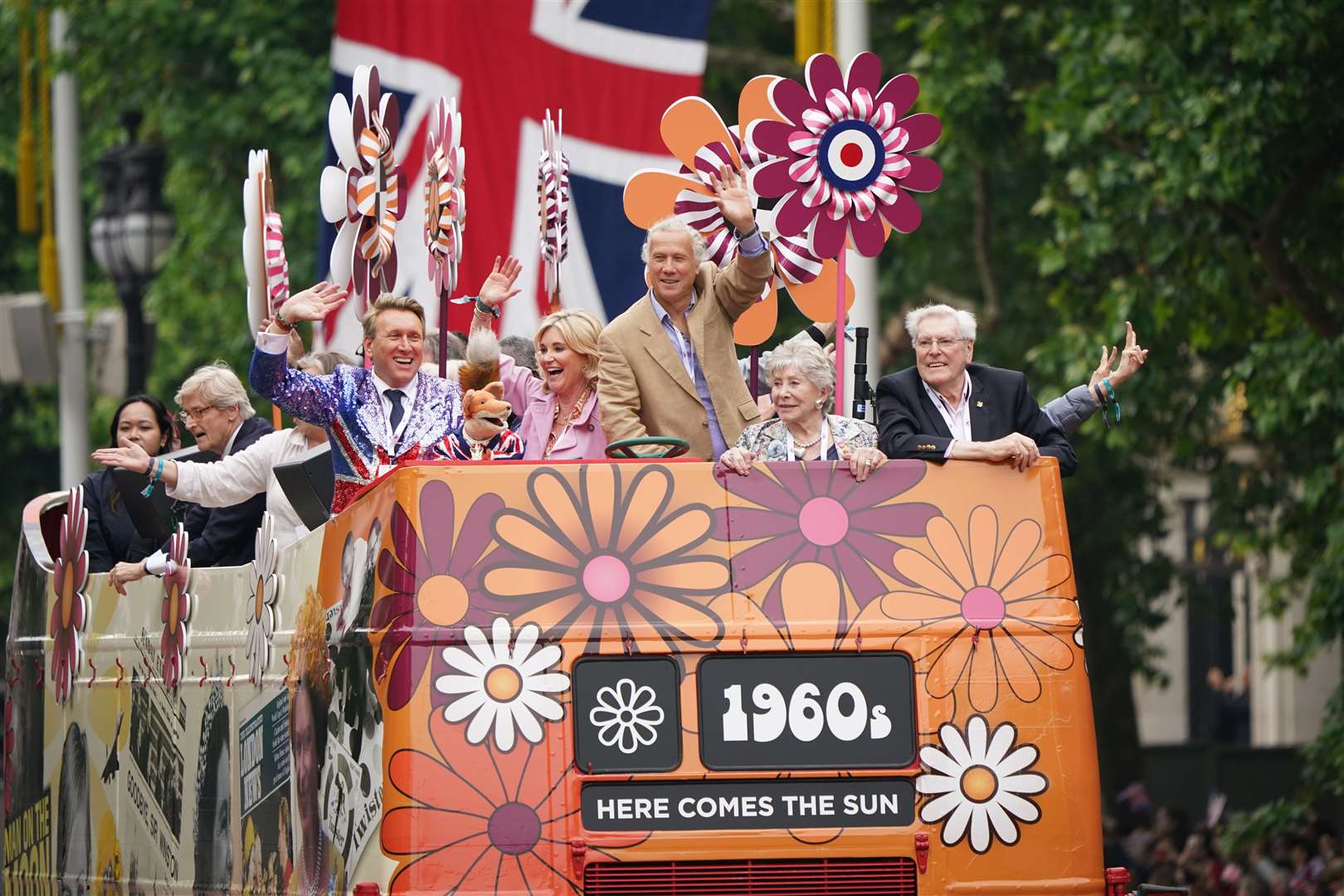 Basil Brush, Anthea Turner, Peter Duncan, Valerie Singleton and Peter Purves during the Platinum Jubilee Pageant in front of Buckingham Palace, London, on day four of the Platinum Jubilee celebrations (Yui Mok/PA)