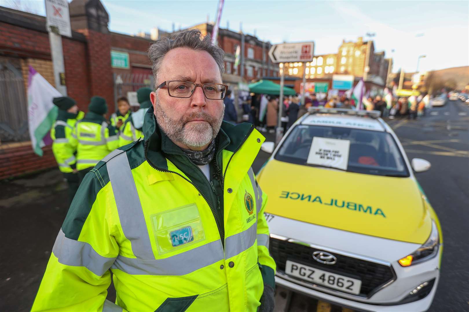 Paramedic Gabriel McComish on the picket line outside the Royal Victoria Hospital in Belfast (Liam McBurney/PA)
