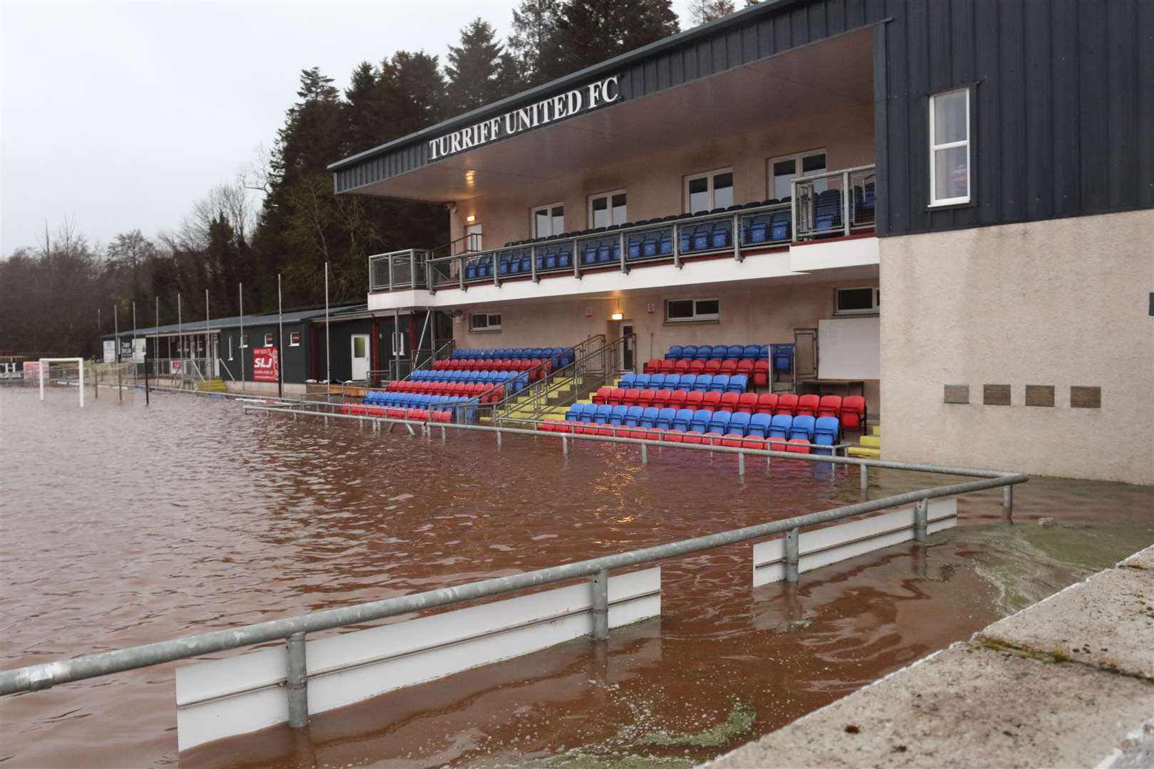 Heavy rain lead to flooding in Turriff United's ground. Picture: David Porter