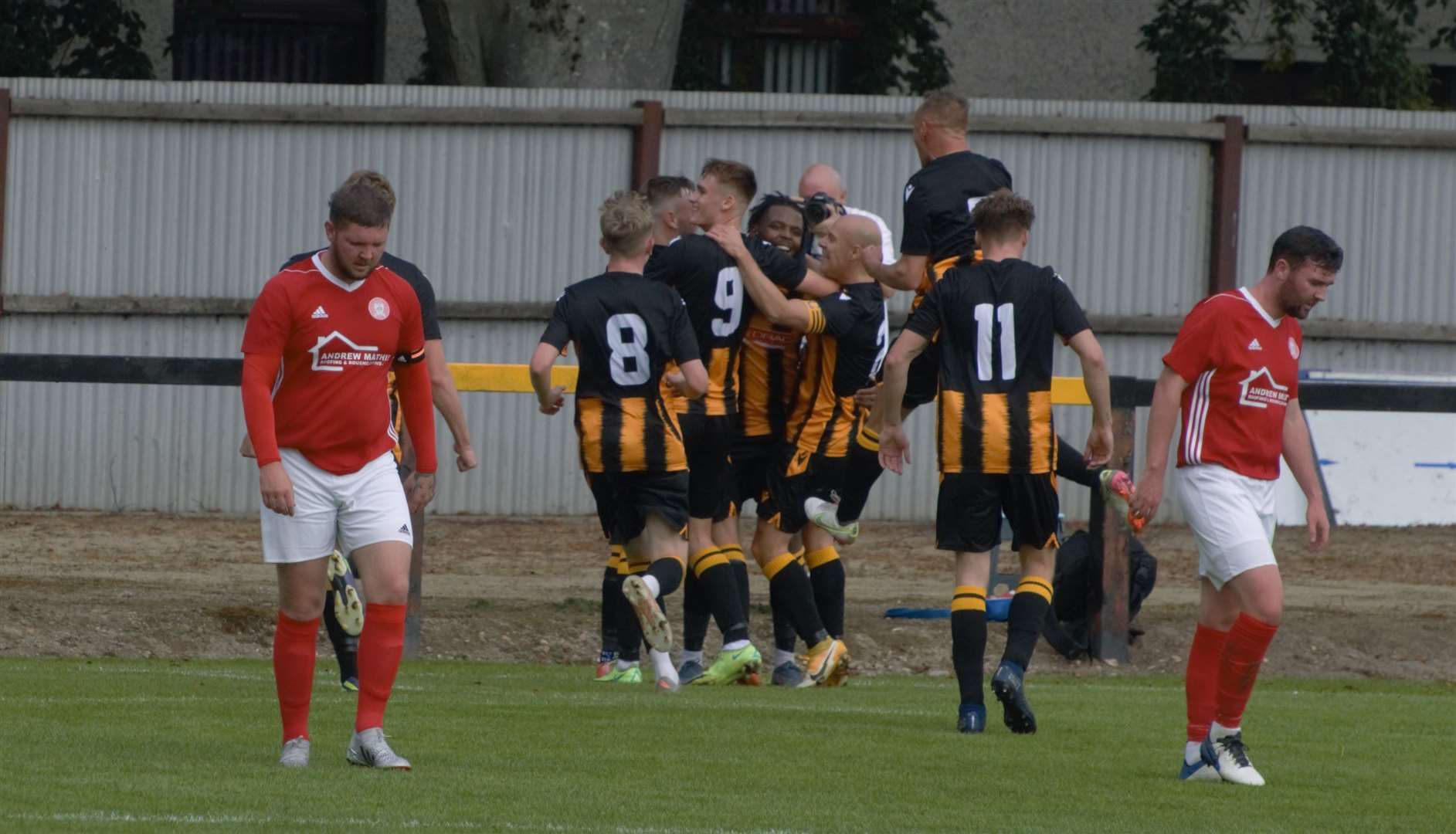 Celebrations all round as Caiden Imbert Thomas makes it 2-0 to Huntly from close range. Picture: Derek Lowe