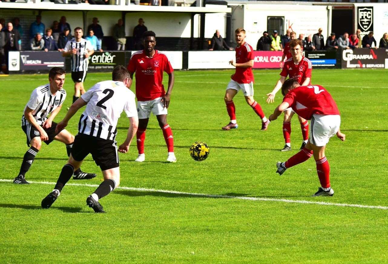 Jay Goldie scores Deveronvale's opener at Fraserburgh. Picture: Michael Cox