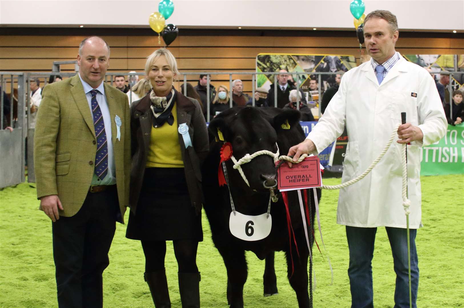 Judge Jamie Forsyth, John Scott Meat (Paisley), fellow judge Louise Forsyth WTS Forsyth Butchers (Peebles) and Andrew Anderson, Smallburn Farms with the heifer and overall champion. Picture: David Porter