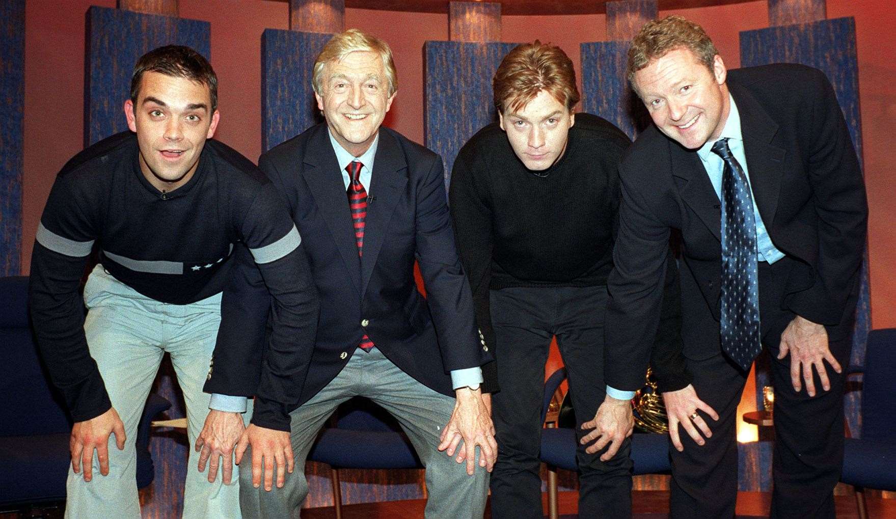 Sir Michael (second left) with chat show guests Robbie Williams, Ewan McGregor and Rory Bremner (BBC/PA)