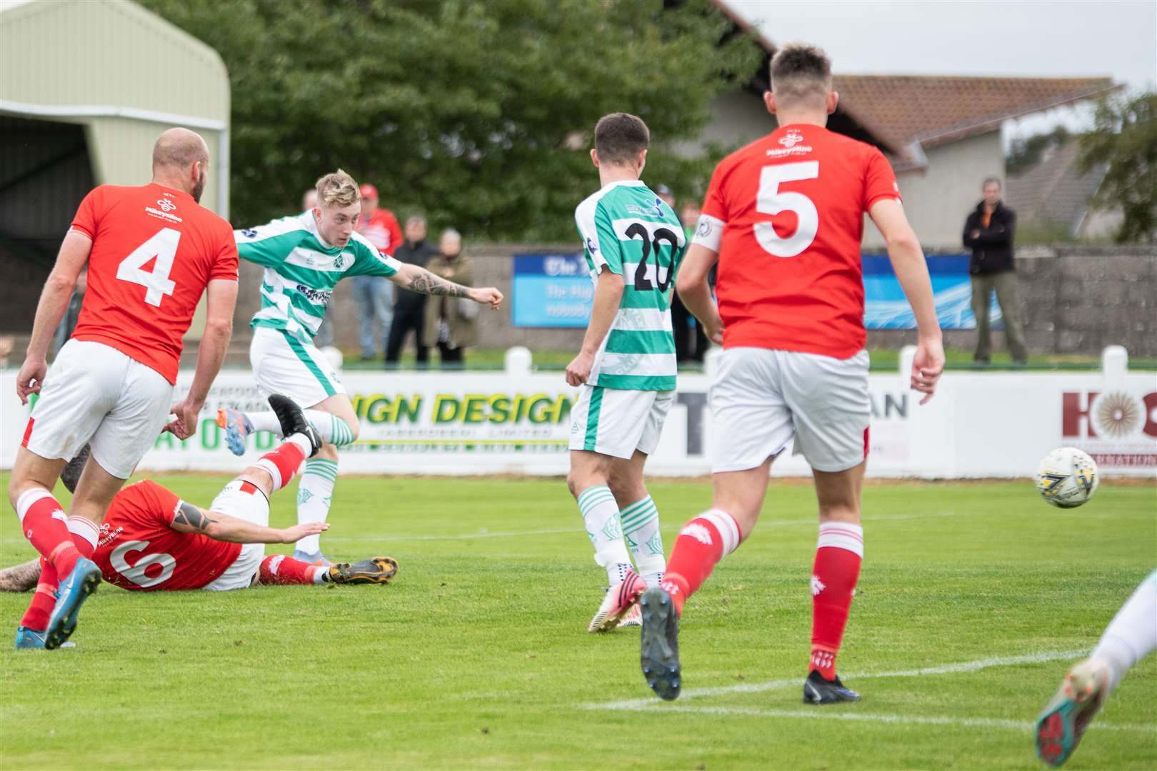 Buckie Thistle's Jack Maciver fires in Buckie's second goal of the afternoon...Buckie Thistle FC (6) vs Nairn County FC (0) - Highland Football League 23/24 - Victoria Park, Buckie 30/09/2023...Picture: Daniel Forsyth..