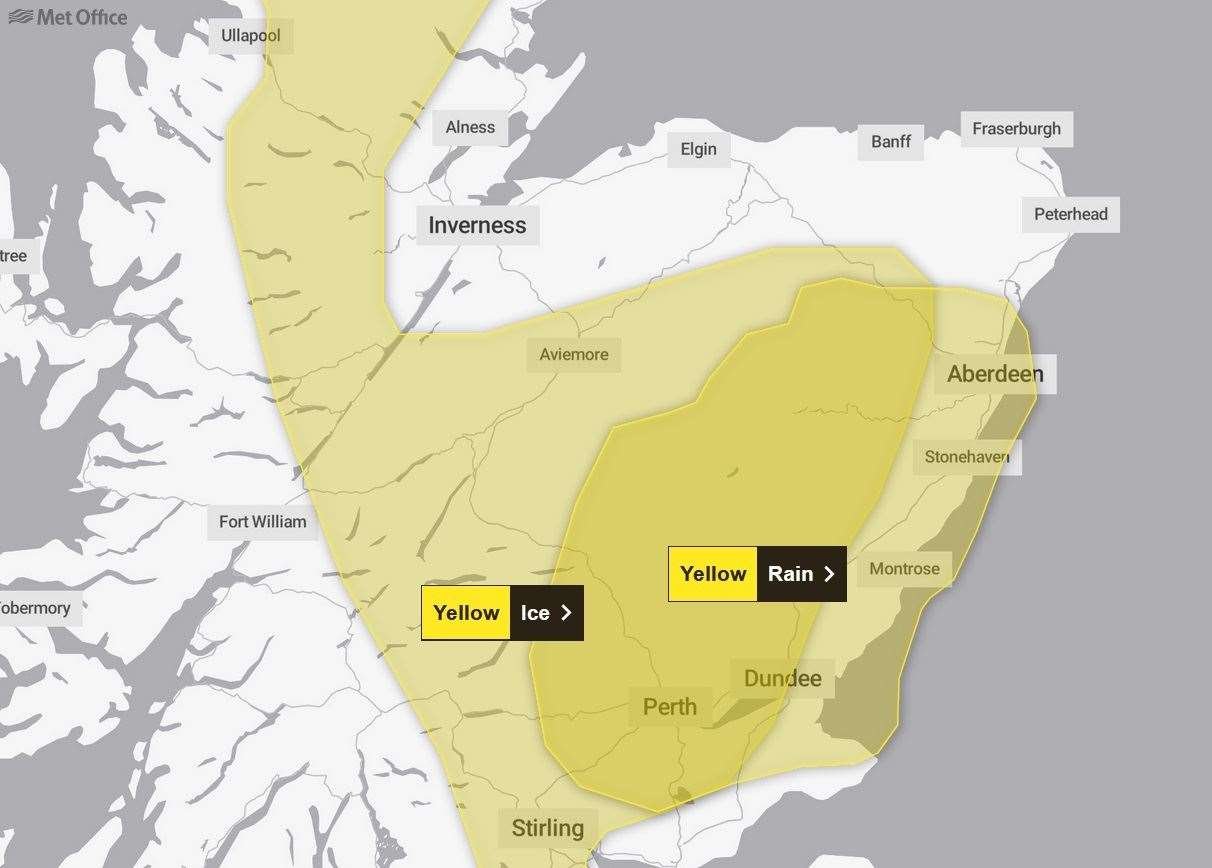 Ice and heavy rain are forecast for the Grampian area