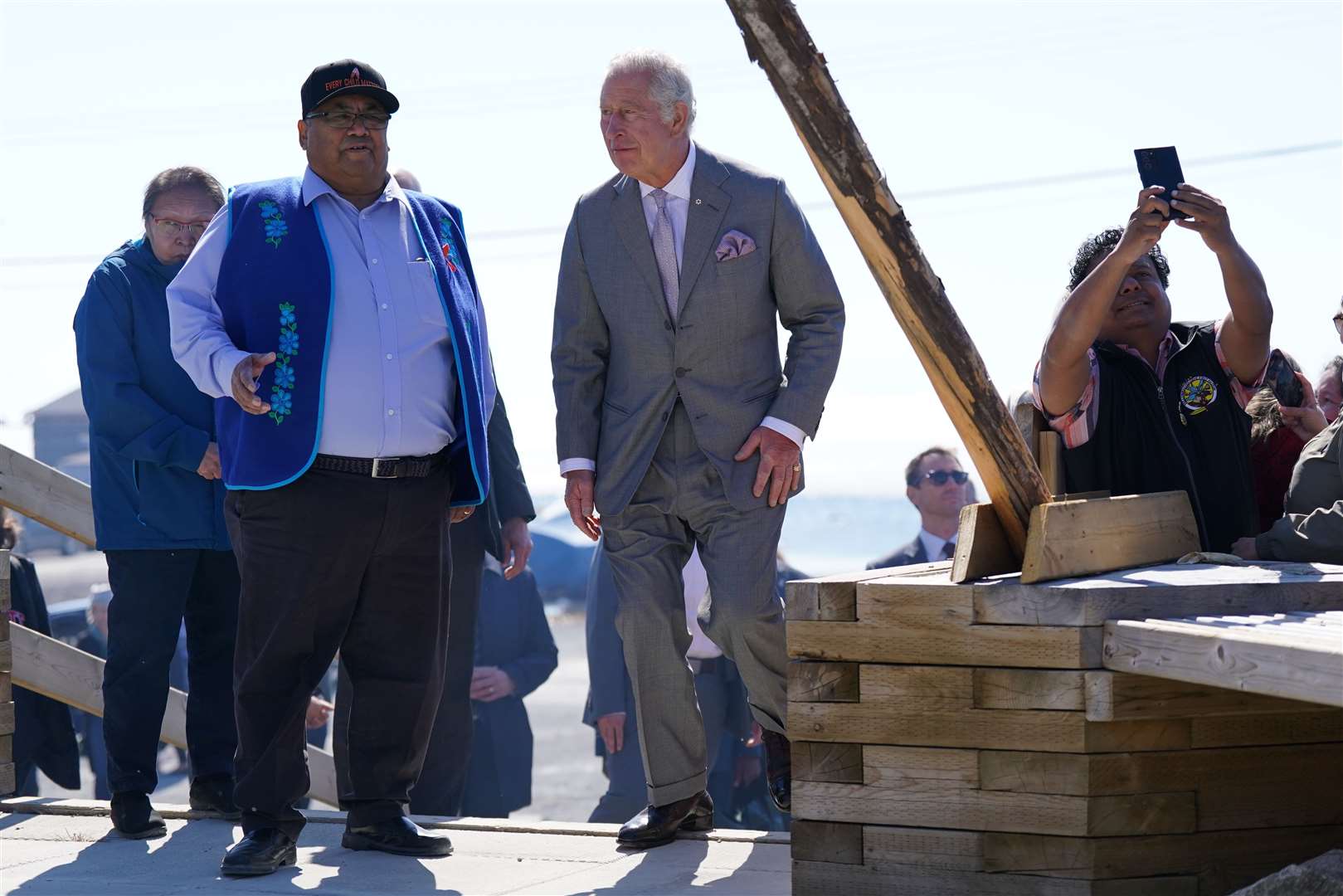 The Prince of Wales arrives for a visit to the Dettah community, in Yellowknife, during a three-day trip to Canada with the Duchess of Cornwall to mark the Queen’s Platinum Jubilee (Jacob King/PA)