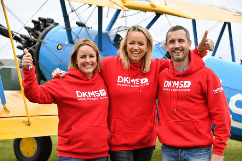 DKMS wing walkers (left to right) Sally Hurman, Lisa Jackson and Peter McCleave (Theo Wood/DKMS/PA)