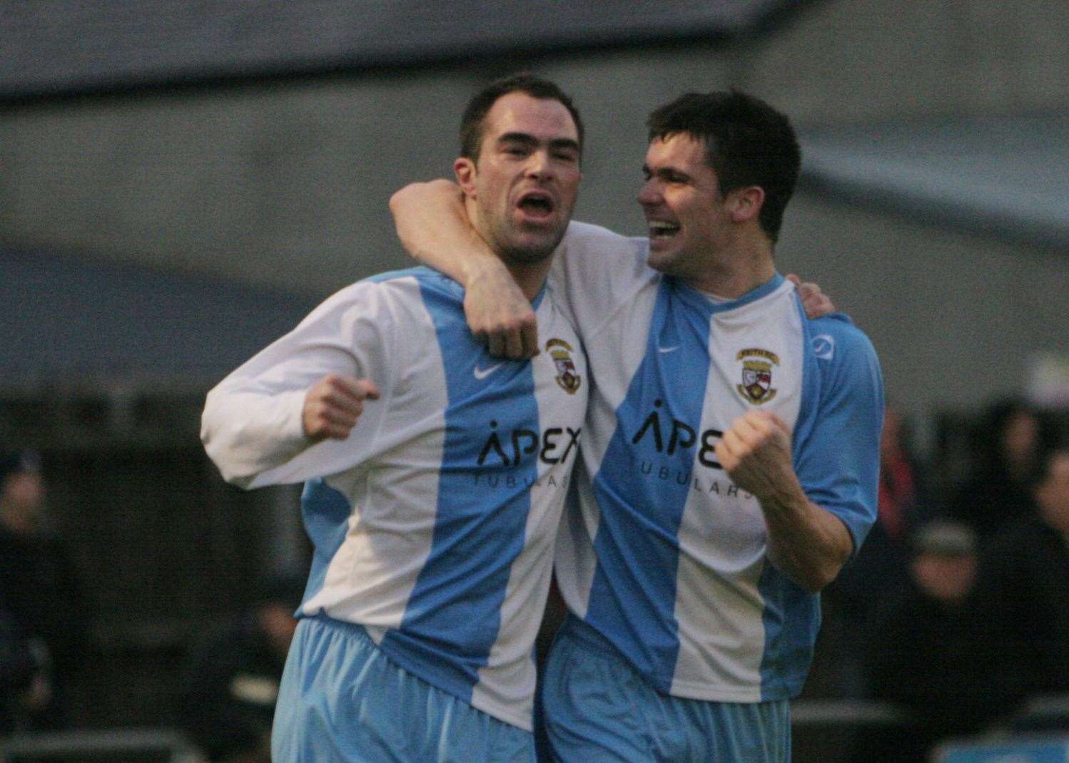 Dean Donaldson (right) celebrates a goal with Stuart Walker in 2008 during his successful playing career with Keith. Photo: Eric Cormack.