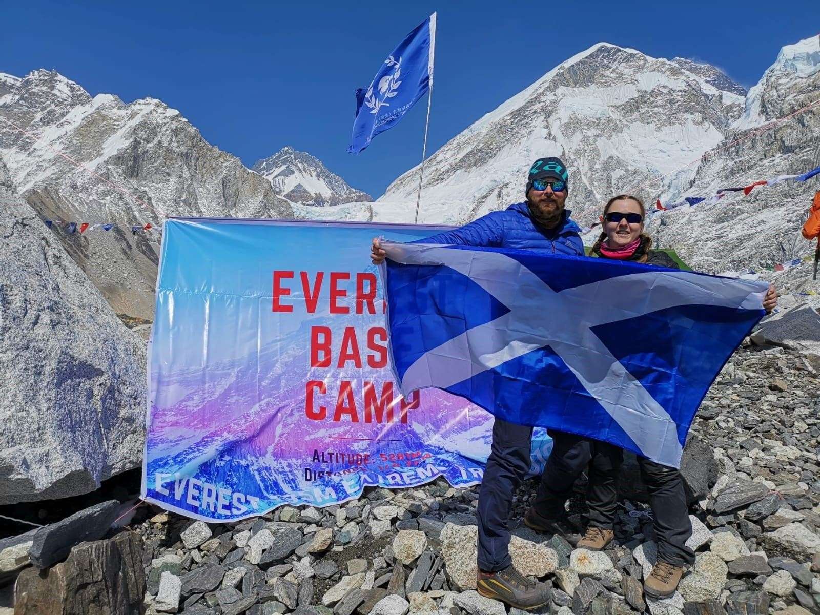Hayley and Jamie celebrate reaching the Everest base camp.