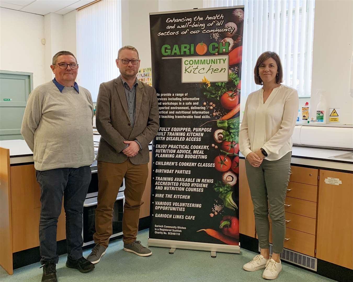 Nom Wright (left) with MP Richard Thomson and Sarah Bell at the Garioch Community Kitchen.