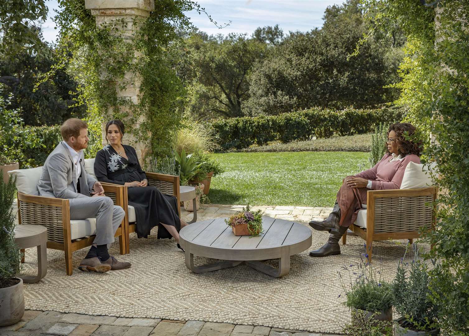 The Duke and Duchess of Sussex during their interview with Oprah Winfrey (Harpo Productions/PA)