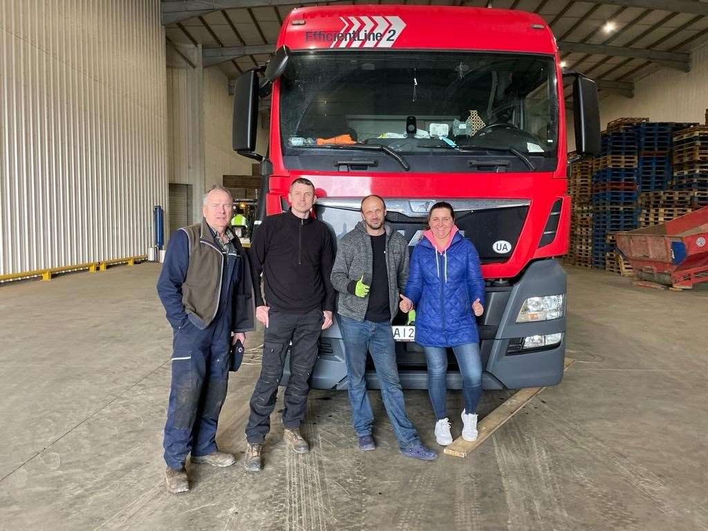 From left: Gray Farms owners Charlie and Phil Gray, the Ukrainian lorry driver and Adrianna Sosnowska from charity Own Woman with the van filled with donations.