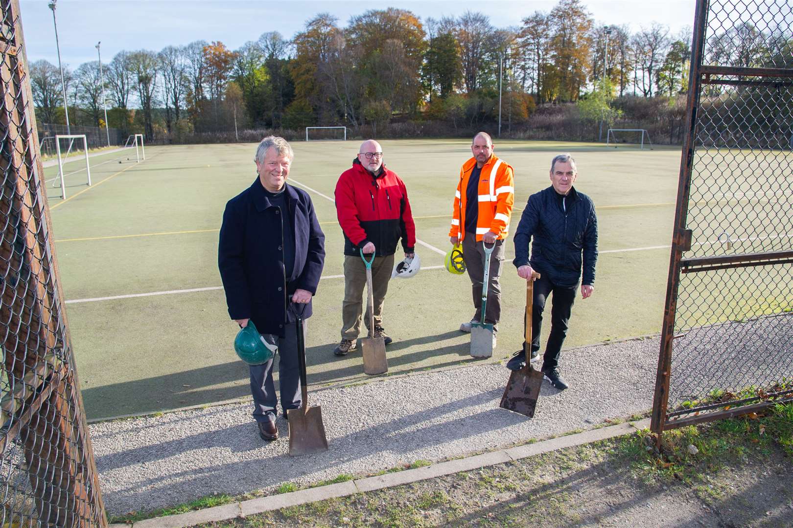 Huntly Sports Trust members, from the left, Sandy Mitchell, Bruce Murray, chairman, Steve Parkin and Allan Mitchell are delighted that work is about to start on all-weather pitch. Picture: Daniel Forsyth.