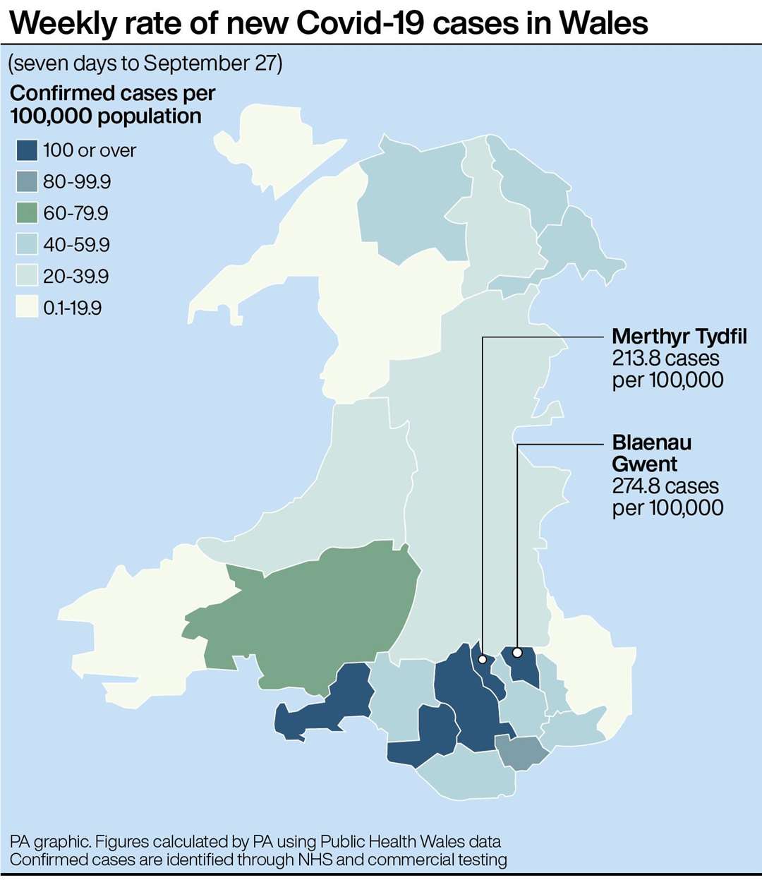 Weekly rate of new Covid-19 cases in Wales (PA Graphics)