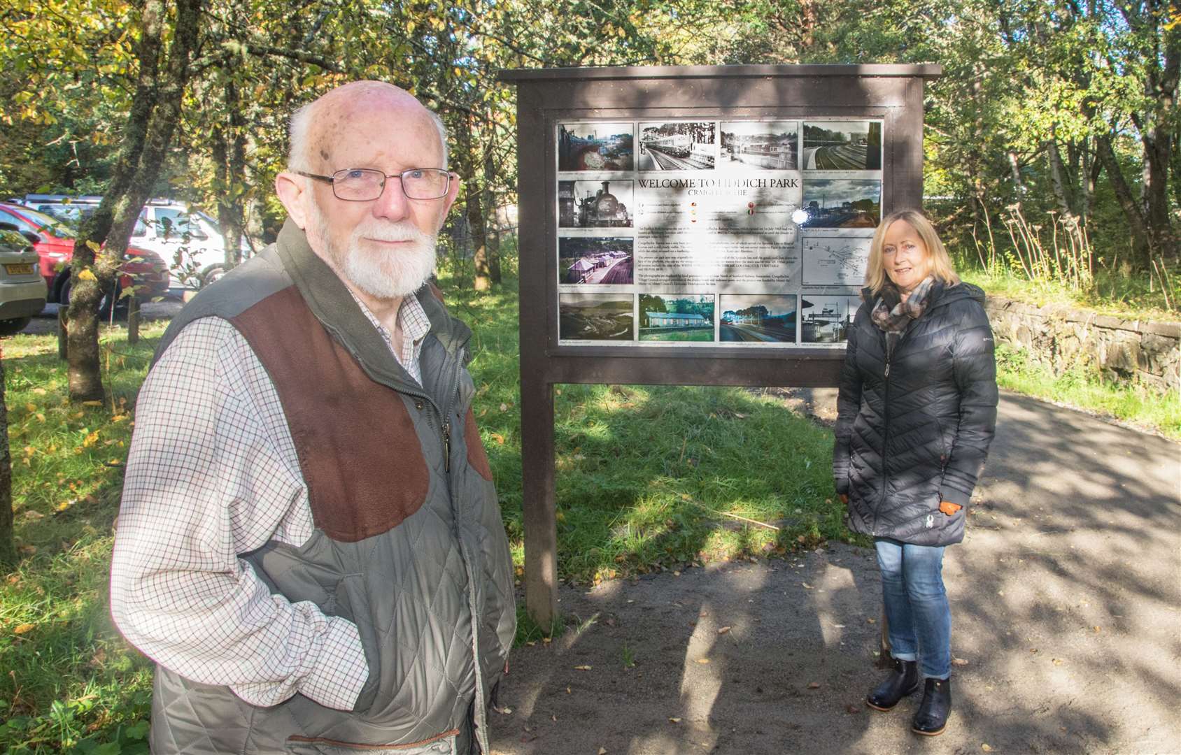 Railway enthusiast Jack Thornley and Moira Tweedie, vice-chairwoman of the village council, at the Fiddich Park, Craigellachie. Picture: Becky Saunderson.