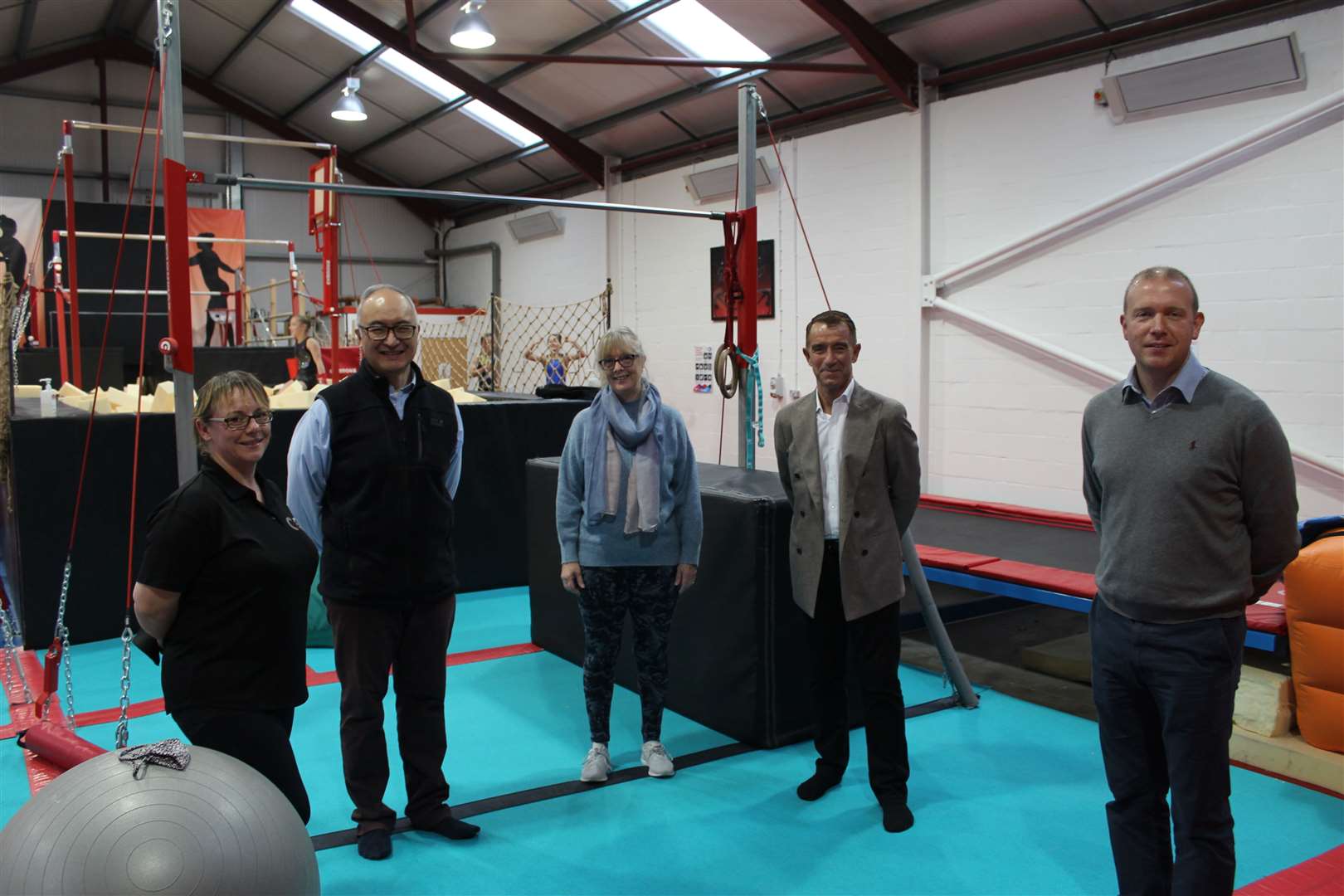 At Garioch Gymnastics Club's new facility are (from left): club manager Janine Robertson; chairman of the trustees Gary Tolometti; head coach Trish Swan; chairman of the board of Scottish Gymnastics Brian Ewing and Scottish Gymnastics CEO Doc McKelvey.