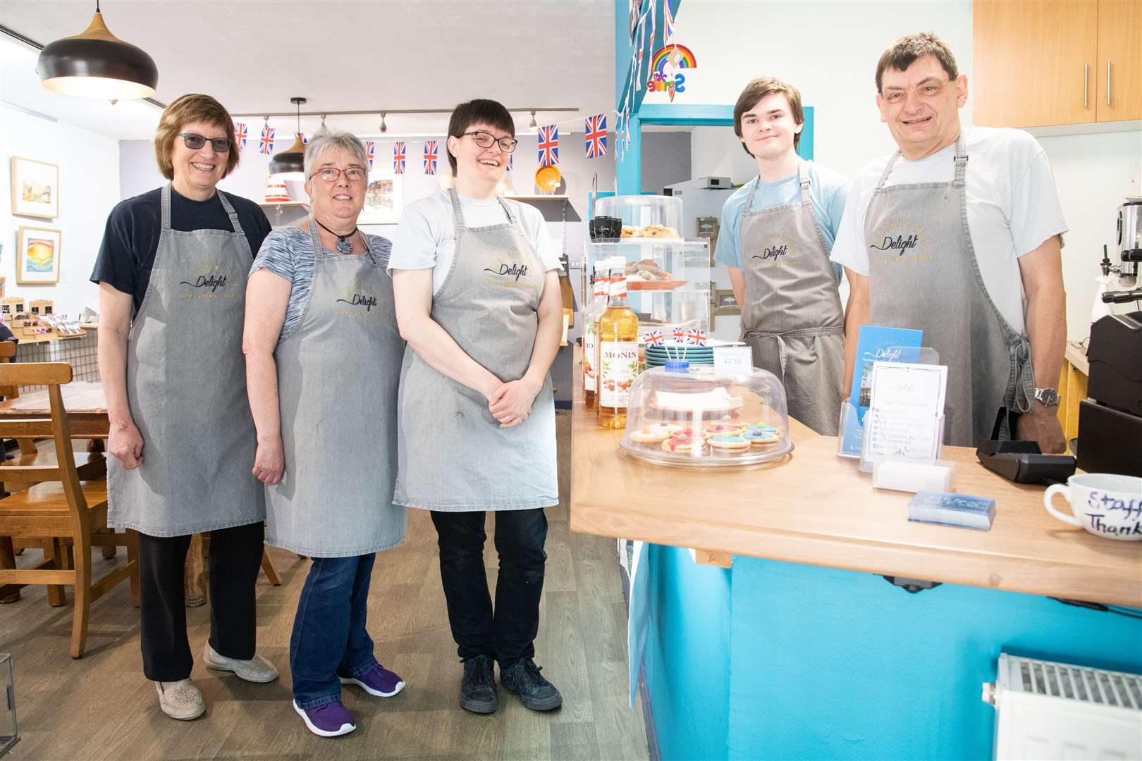 From left; Mattie Verster, Marion Martin, Rose Martin, Cameron McDonald and Andy Martin...Delight Cafe Gallery have been nominated for Customer Cafe of the Year in the Scottish Cafe Awards 2022...Picture: Daniel Forsyth..