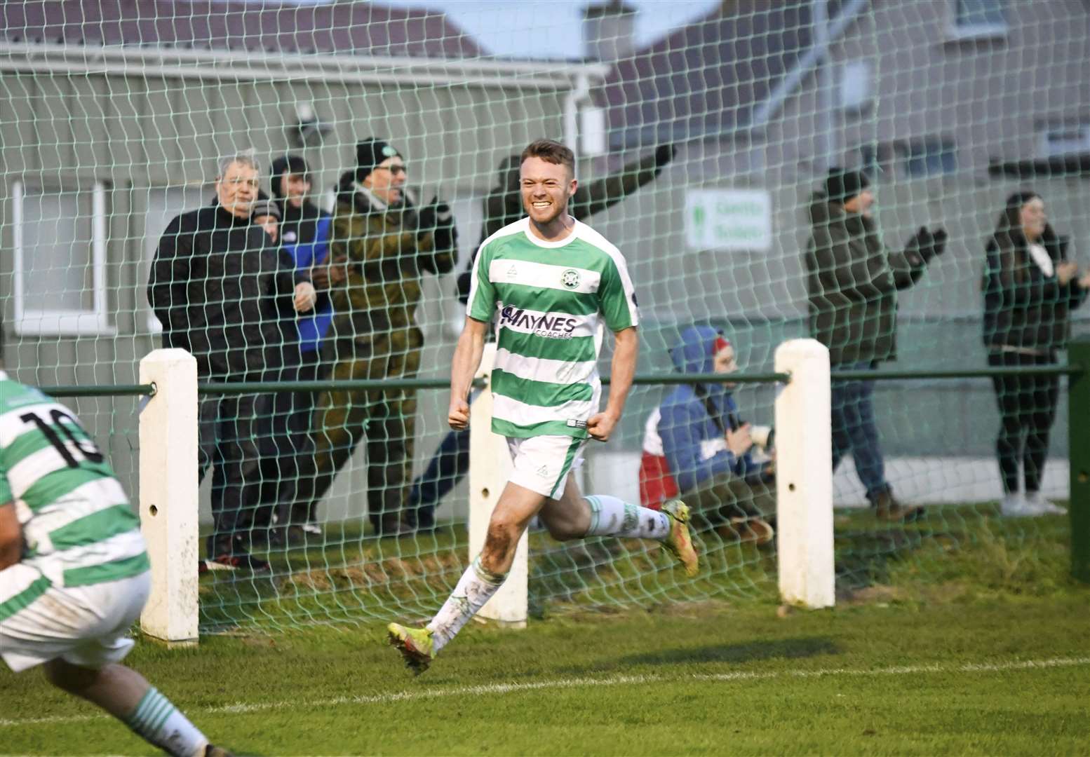 Buckie Thistle's Josh Peters celebrates after scoring the last minute decider...Buckie Thistle F.C. v Deveronvale F.C...Picture: Beth Taylor
