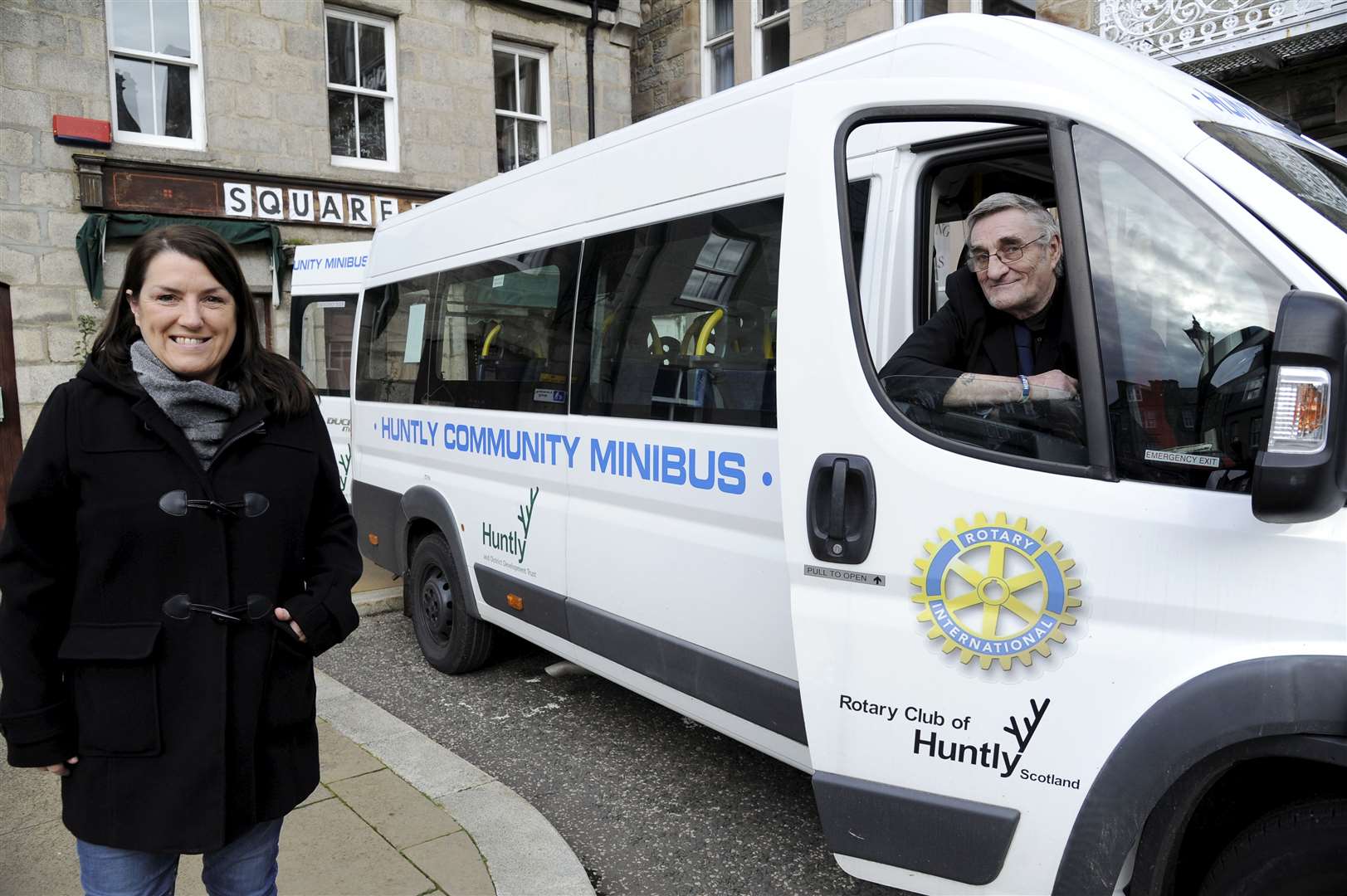 Norman Kinnaird (right) in his rightful place behind the wheel of the Huntly Community Minibus, with minibus coordinator Debbie Haefner.